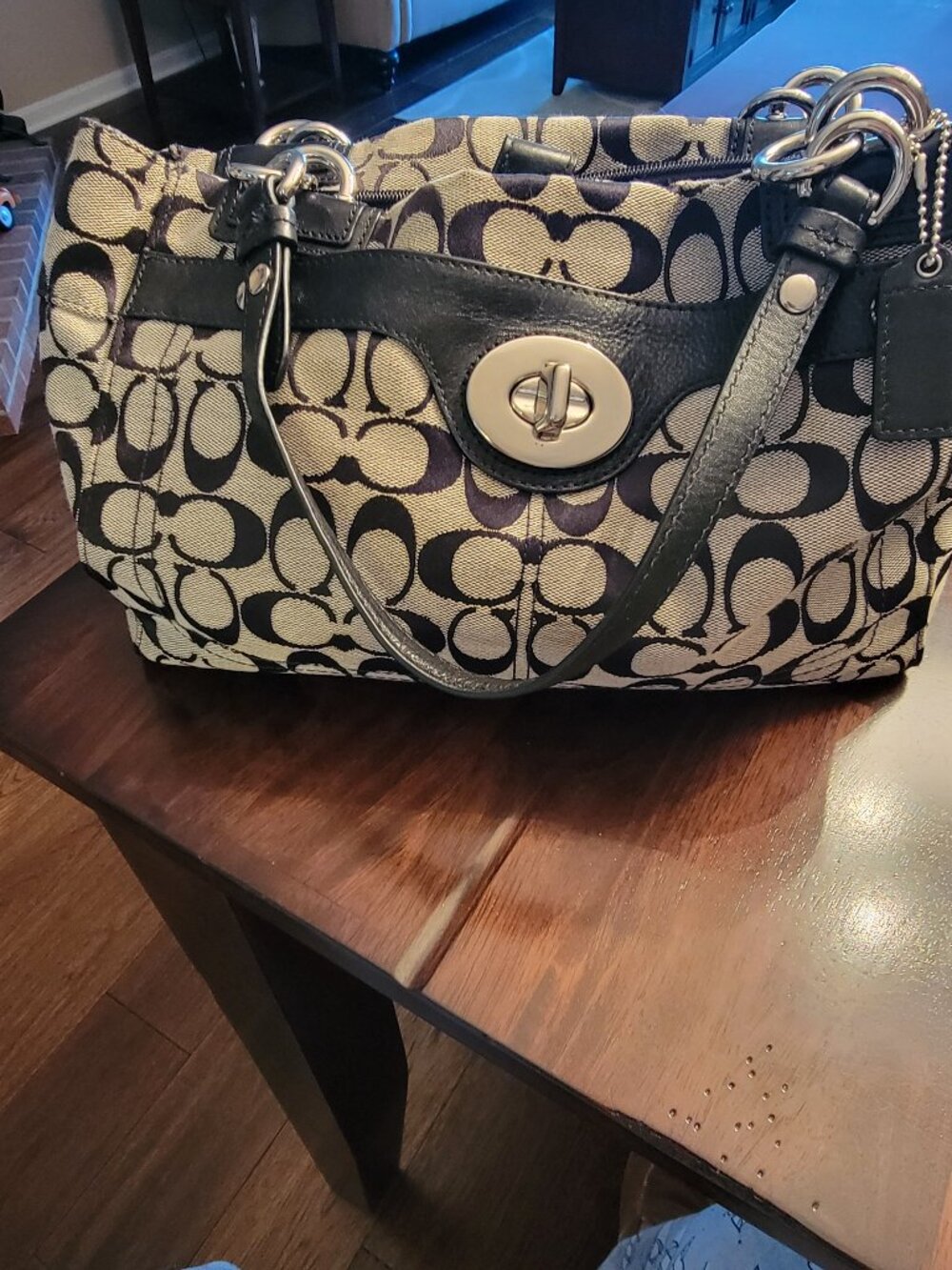 Coach Penelope Gray Black Signature logo woven Shoulder bag Medium